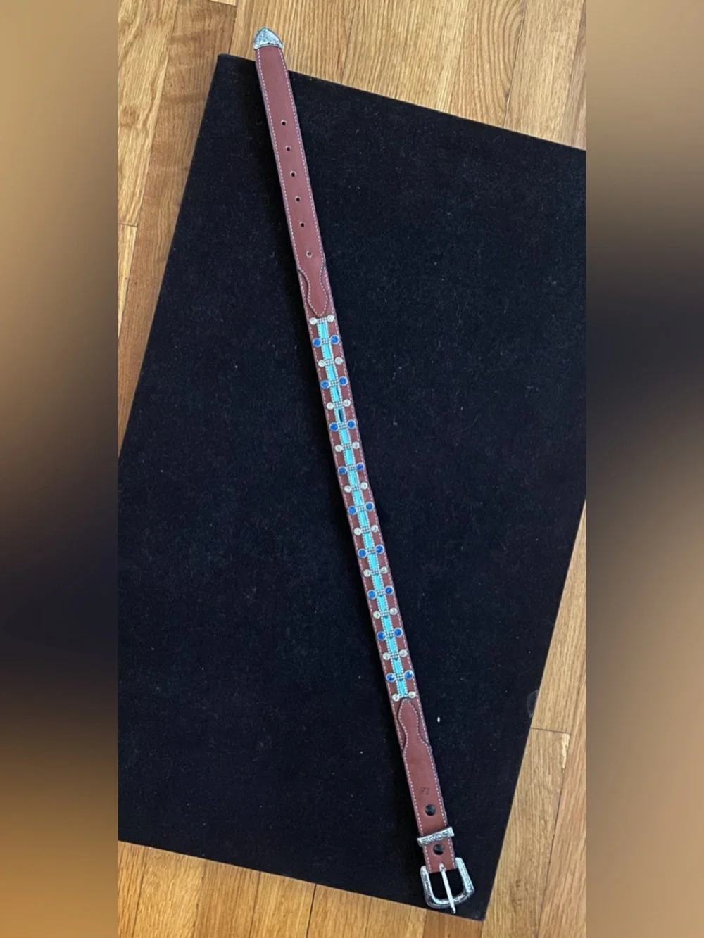 HANDCRAFTED  Belt Turquoise and Blue sequins  silver tone buckle size 26